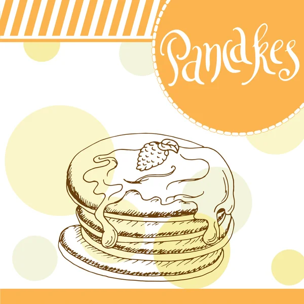 Illustrazione vettoriale dei pancake. Progettazione della panetteria. Bella scheda con elemento tipografico decorativo. Icona torta per poster — Vettoriale Stock