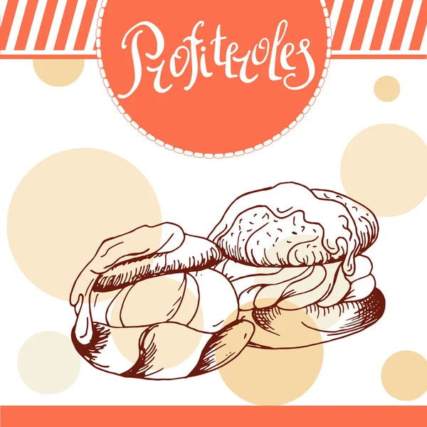 Kartu vektor Profiteroles. Poster gambar tangan dengan elemen kaligrafi. Ilustrasi seni. Ikon manis - Stok Vektor