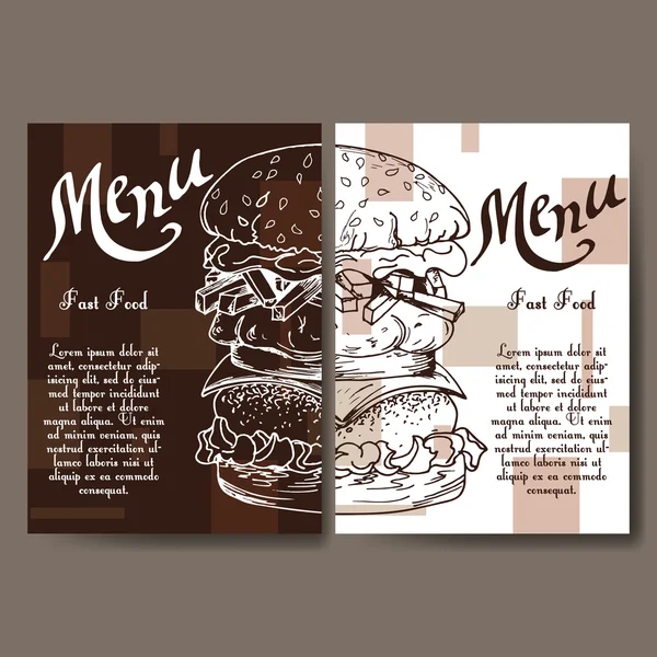 Set of banners of fast food design. Cards with sketch hamburger. Template menu with place for text for cafe — Stockový vektor