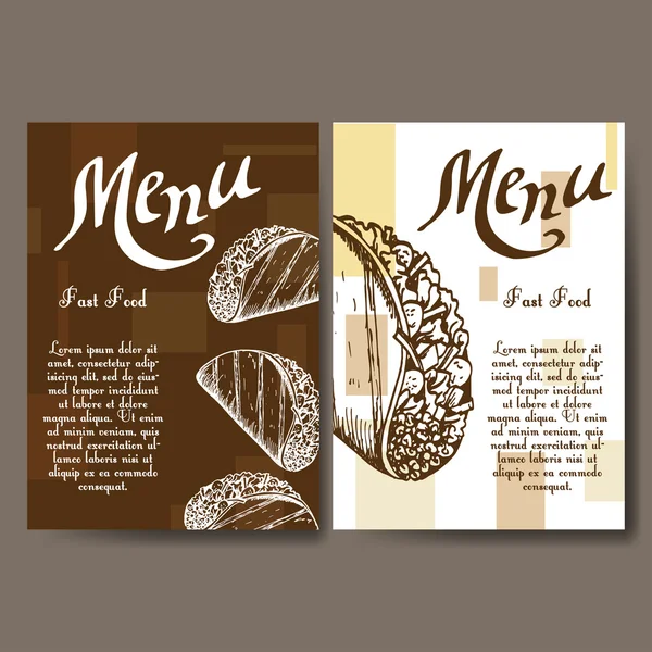 Set of banners of fast food design. Cards with sketch taco. Template menu with place for text for cafe — Stockvector