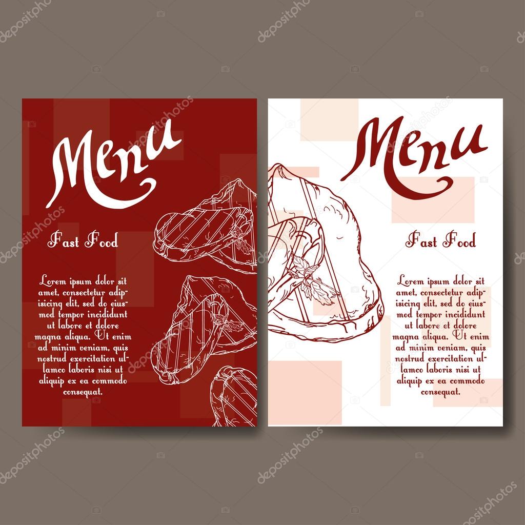 Cafe menu with hand drawn design. Fast food restaurant menu template. Set of cards for corporate identity. Vector illustration