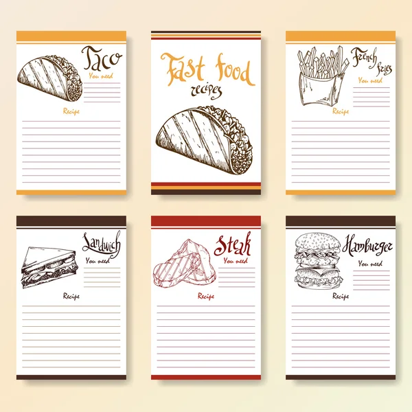 Recipe blanks collection. Fast food objects with hand dawn lettering. Vector food illustration — Stock Vector