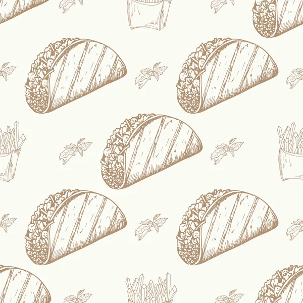 Rychlé občerstvení vzorek s taco. Ruční nakreslení retro obrázek. Vintage taco design. — Stockový vektor