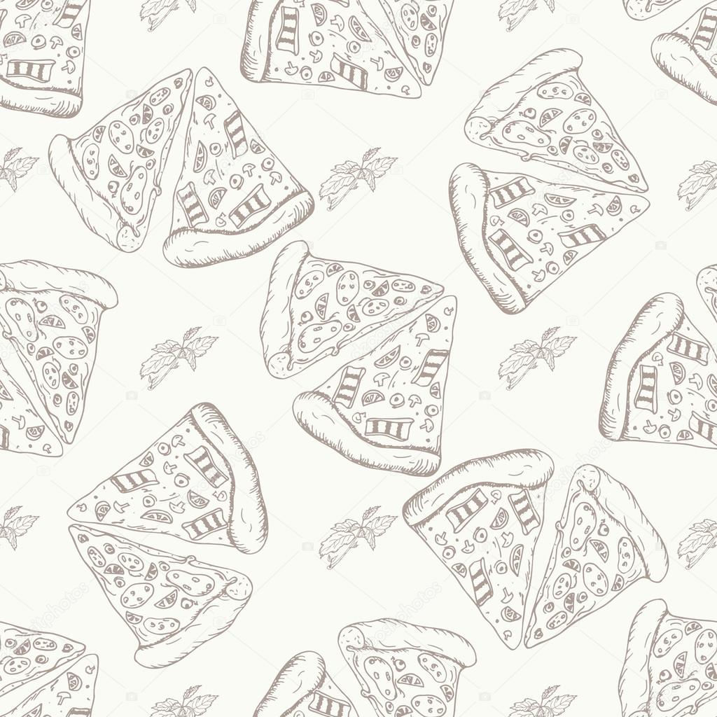Fast food pattern with pizza. Hand draw retro illustration. Vintage pizza design. 