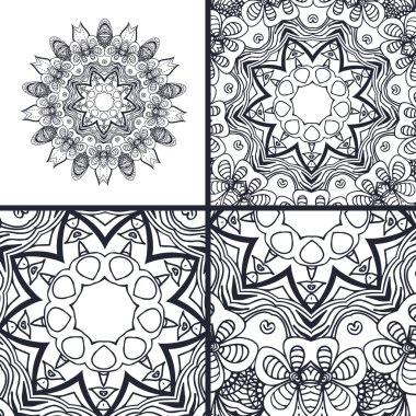 Set of coloring book pages. Mandala. Decorative vector element. Hand drawn texture for relax, meditation.