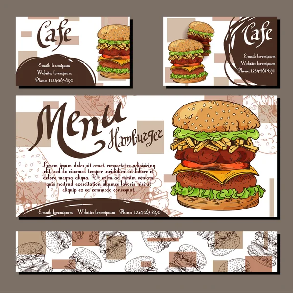 Cafe menu with hand drawn design. Fast food restaurant menu template with hamburger. Set of cards for corporate identity. Vector illustration — Stockový vektor