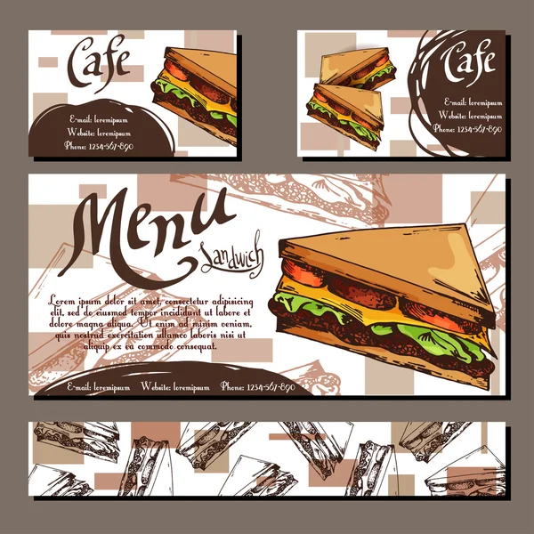 Cafe menu with hand drawn design. Fast food restaurant menu template with sandwich. Set of cards for corporate identity. Vector illustration — Διανυσματικό Αρχείο