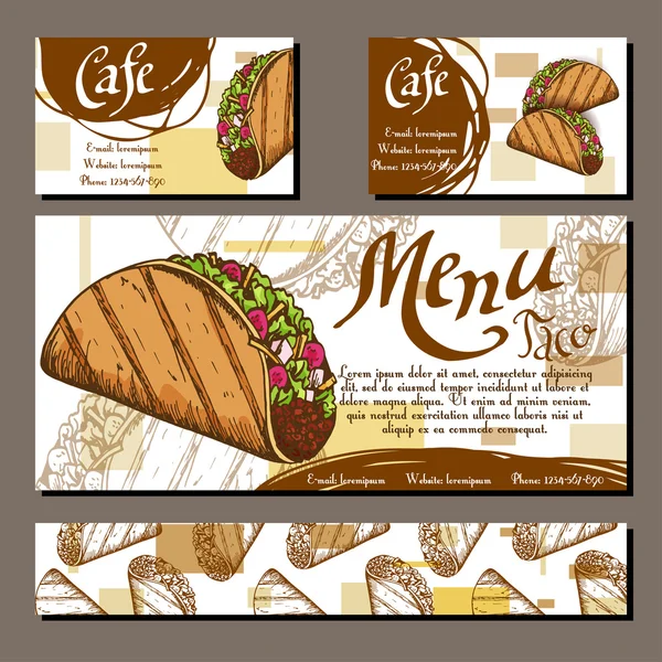 Menu café com desenho desenhado à mão. Modelo de menu de restaurante fast food com taco. Conjunto de cartões de identidade corporativa. Ilustração vetorial — Vetor de Stock