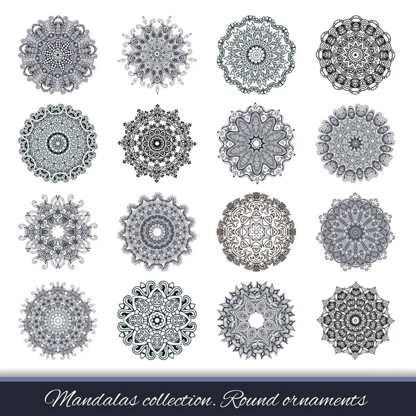 Set of abstract design element. Round mandalas in vector. Graphic template for your design. Decorative retro ornament. Hand drawn background with flowers. — Stock Vector