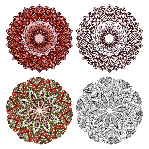 Uppsättning av abstrakt designelement. Runda mandalas i vector. Grafisk mall för din design. Dekorativ retro prydnad. Hand dras bakgrund med blommor. — Stock vektor