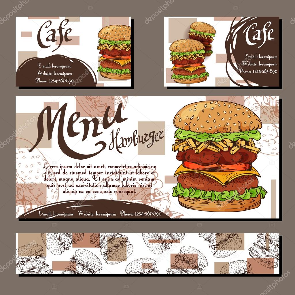Cafe menu with hand drawn design. Fast food restaurant menu template with hamburger. Set of cards for corporate identity. Vector illustration