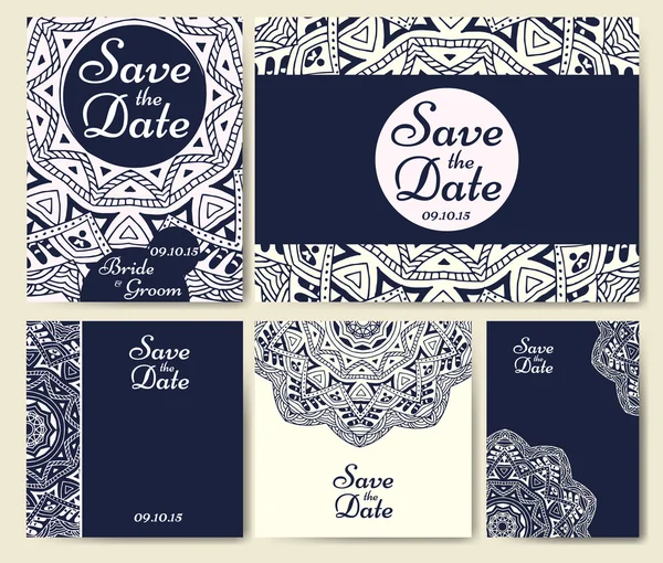 Uppsättning av bröllopinbjudningar. Bröllop kort mall med individuella koncept. Design för inbjudan, tack-kort, spara datum kortet. — Stock vektor