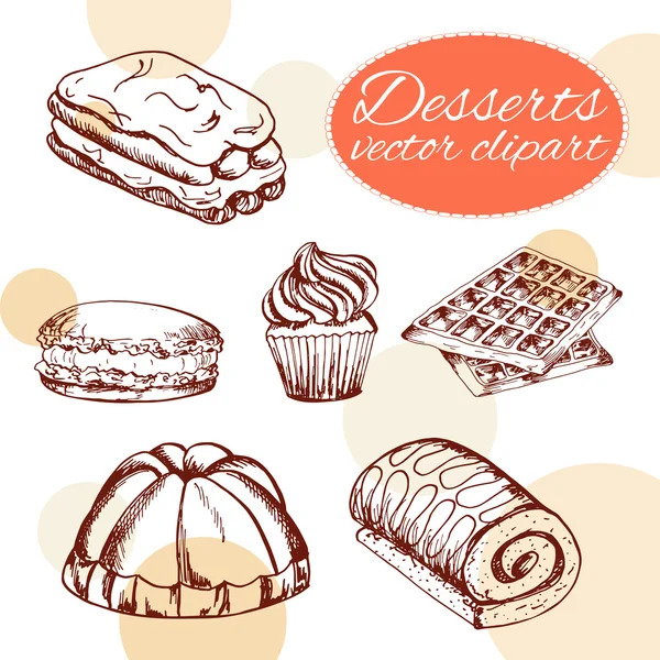 Vektor Desserts Elemente in handgezeichneten Stil. Leckeres Essen. Kunstillustration. Süßgebäck für Ihre Gestaltung in Cafémenüs, Postern, Broschüren — Stockvektor