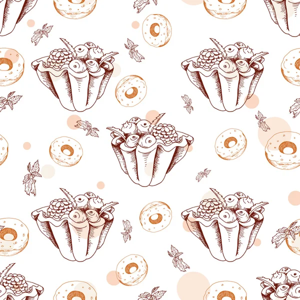 Dessert seamless pattern. Sweet background in hand drawn style. Wallpaper with tart, donut. Vector illustration for cafe menu, banner, recipe and etc. — Wektor stockowy