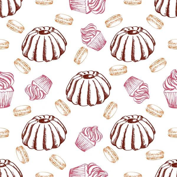 Sobremesa padrão sem costura. Fundo doce no estilo desenhado à mão. Papel de parede com bolo, muffin, macaron. Ilustração vetorial para menu de café, banner, receita e etc. . —  Vetores de Stock