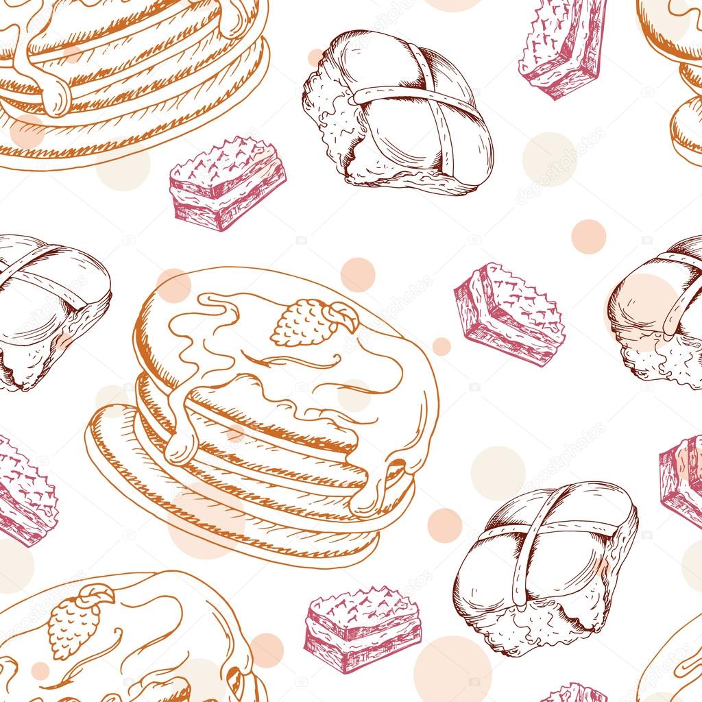 Seamless pattern with desserts. Hand drawn pancakes and buns. Vector illustration for your design.