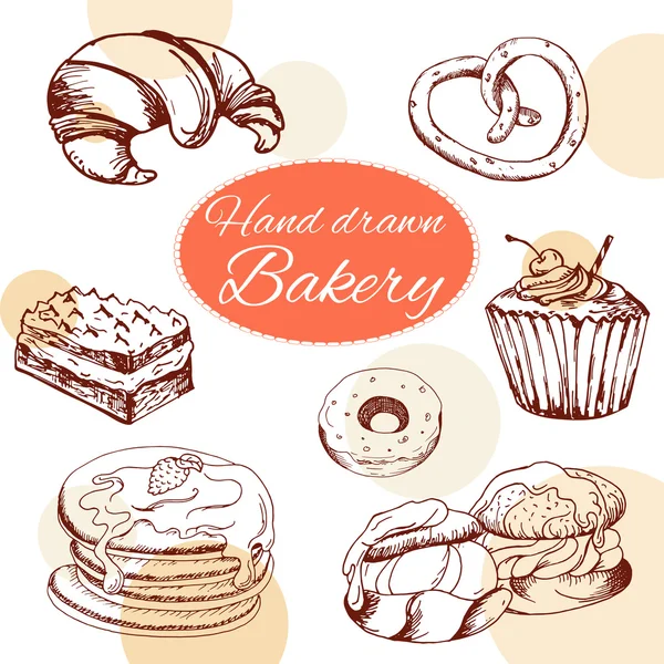 Desserts vectoriels éléments en style dessiné à la main. Délicieux repas. Illustration artistique. Pâtisserie sucrée pour votre design dans le menu du café, affiches, brochures — Image vectorielle