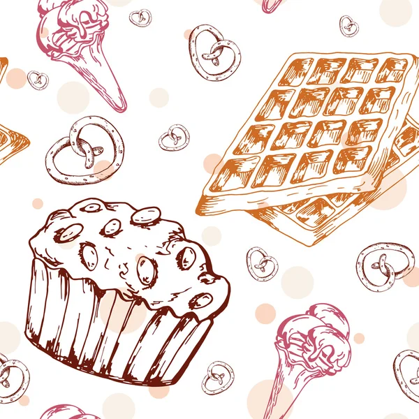 Dessert naadloze patroon. Zoete achtergrond in de hand getrokken stijl. Wallpaper met cupcake, wafels, krakeling. Vectorillustratie voor menu café, banner, recept en etc. — Stockvector