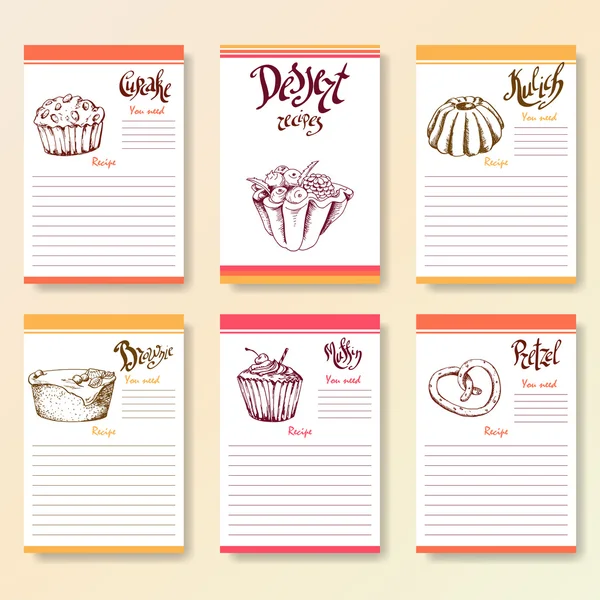 Recipe blanks collection. Dessert objects with hand dawn lettering. Vector food illustration — Stock Vector