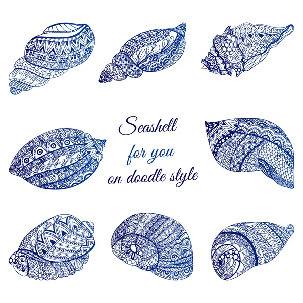 Set of hand drawn seashell with ethnic motif. Abstract zentangle stylized cockleshells. Ocean life doodle collection. Vector illustration — Stock Vector