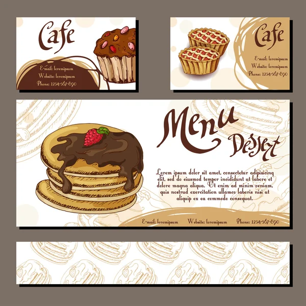Mall med handen ritade skiss bageri. Kan användas som företagsidentitet stil för café eller restaurang. Vektorillustration. Dessert kort med bakverk söta. — Stock vektor