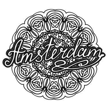 Vector Amsterdam illustration on mandala background. Retro typography design. Handwritten illustration.