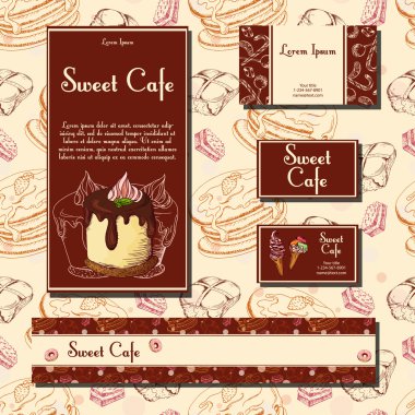 Template with hand drawn sketch bakery. Dessert cards with sweet bakery. Can be used identity style for cafe or restaurant.  Vector illustration