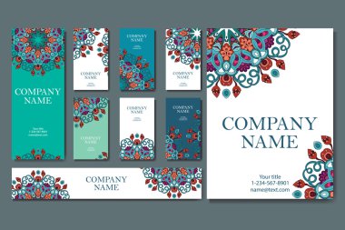 Kartvizit kümesi. Vintage desen mandala retro tarzı. El çekilmiş Islam, Arapça, Indian, dantel modeli