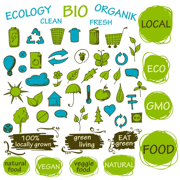 Eine Reihe grüner Ökologie-Symbole. Öko-Doodle-Elemente für Ihr Design. Bio, natyral, organische Vorlagen — Stockvektor