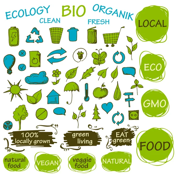 Set of green ecology icons. Eco doodle elements for your design. Bio, natyral, organic templates