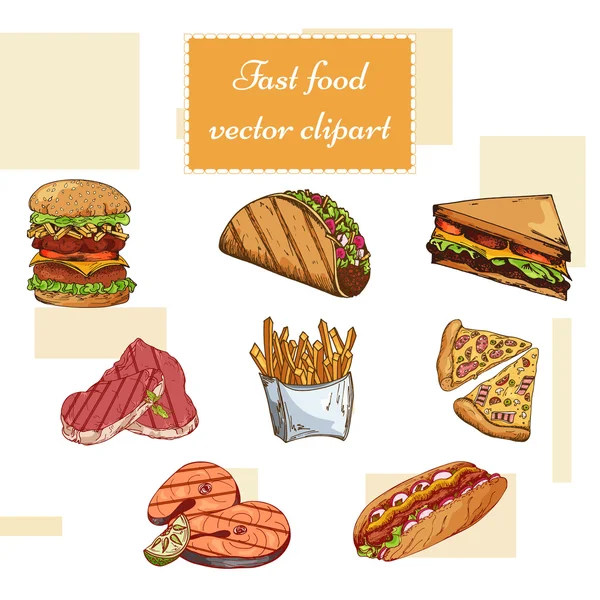 Set de comida rápida. Dibuje a mano ilustración. Diseño de hamburguesa vintage. Coloridos elementos alimenticios americanos — Archivo Imágenes Vectoriales