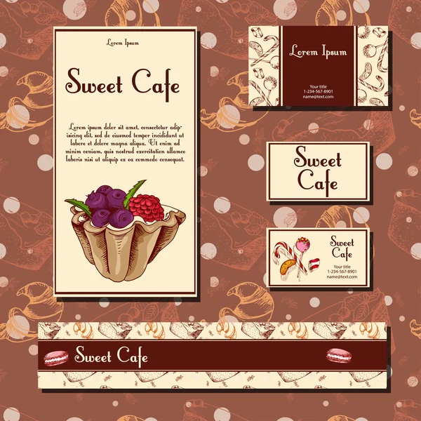 Cafe formgivningsmall. Hand dras dessert-kortet. Uppsättning av restaurang menymall för företagsidentitet. — Stock vektor