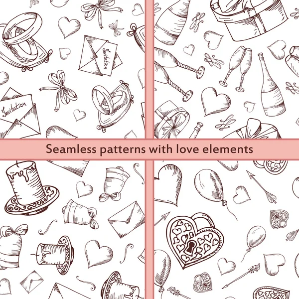 Hand getekende naadloze patroon met elementen van de liefde. Vectorillustratie schets voor Valentijn, bruiloft, bewaar deze datum — Stockvector