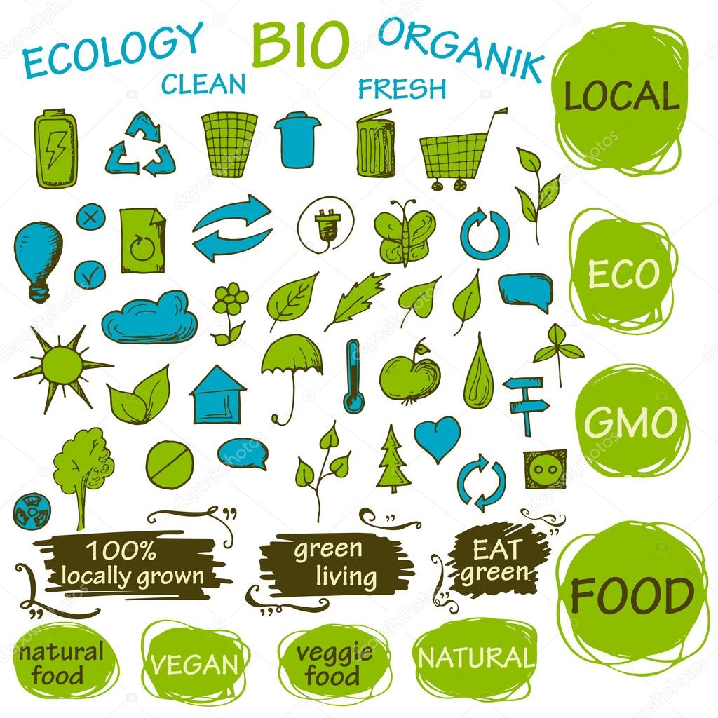 Set of green ecology icons. Eco doodle elements for your design. Bio, natyral, organic templates