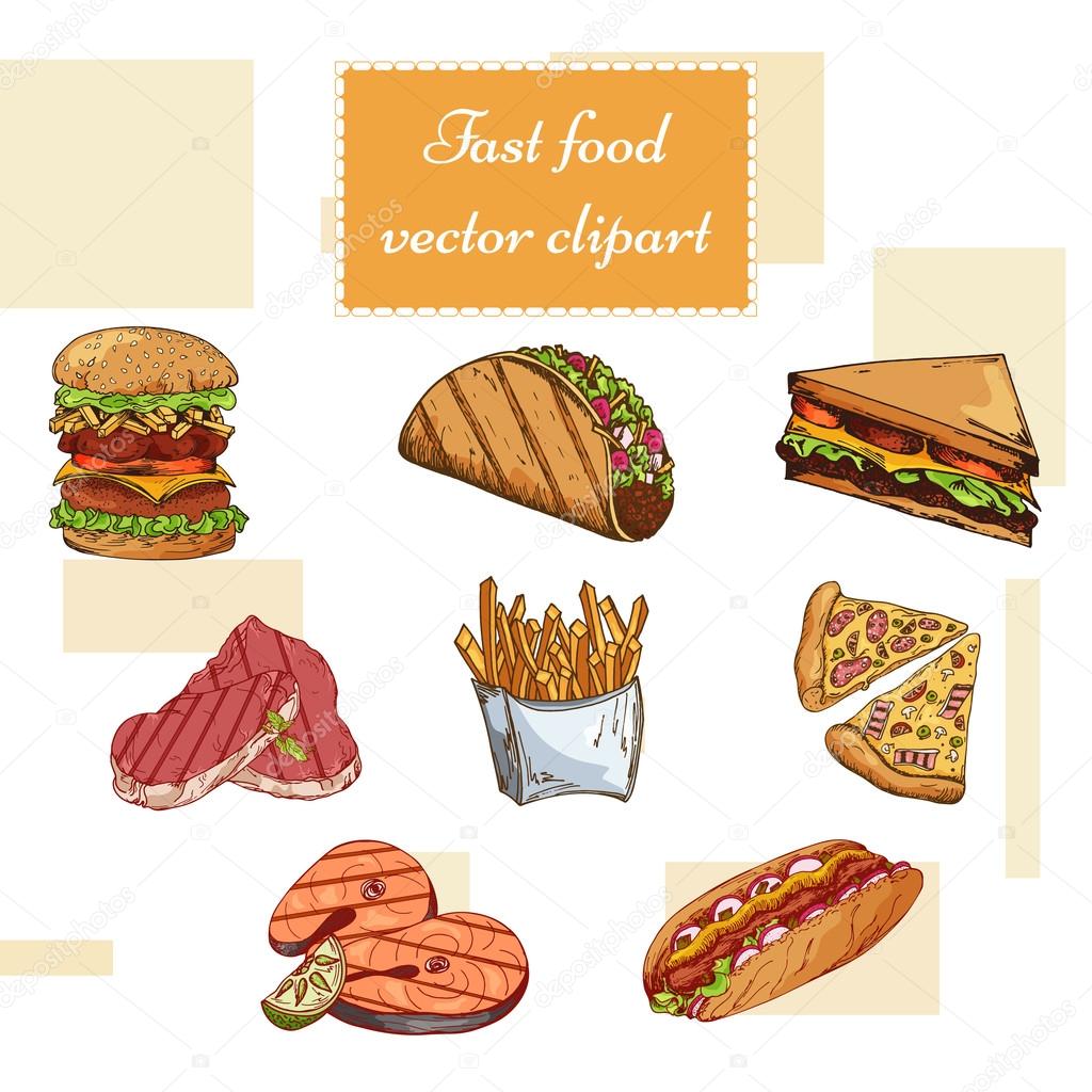 Fast food set. Hand draw illustration. Vintage burger design. Colorful american food elements