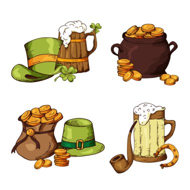 St.Patrick'ın gün öğeleri kümesi. El simgeler koleksiyonu çekilmiş. Tasarımınız için beyaz arka plan üzerinde vektör sembolleri