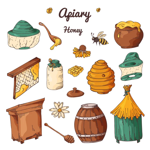 Набор медовых элементов. Пасека для вашего дизайна. Векторные наброски, сладкая натуральная еда — стоковый вектор