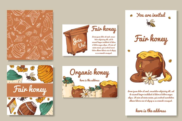 Fair honey invitation. Template for card, poster, blank. Apiary sketch elements. Vector illustration — Stock Vector