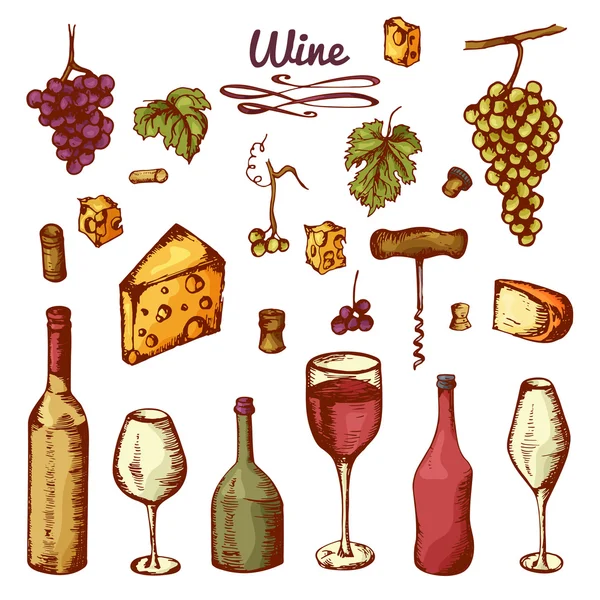 Elementos de vino elaborados a mano. Conjunto de iconos vectoriales: botella, queso, uvas, vino y etc. — Vector de stock