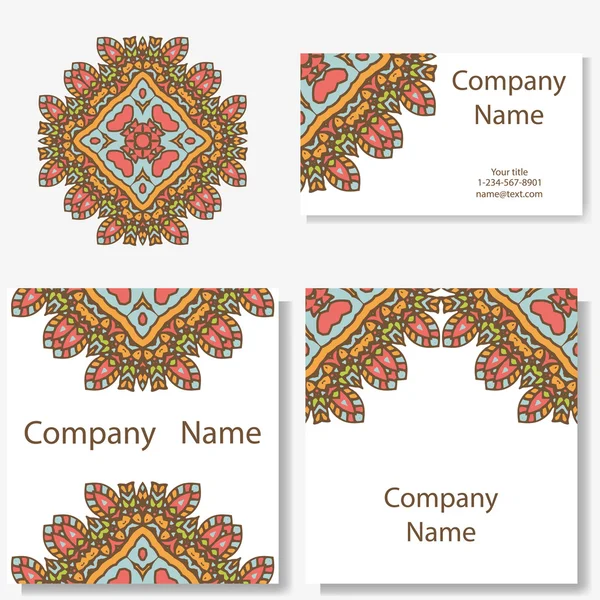 Set de six cartes de visite. Modèle vintage dans un style rétro avec mandala. Dessiné à la main Islam, Arabe, Indien, motif dentelle — Image vectorielle