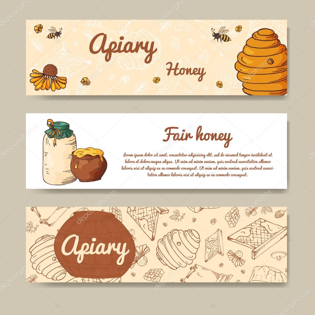 Set of banners for fair honey. Natural helthy food. Vector illustration for your design