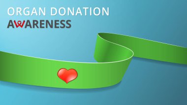 Gerçekçi limon yeşili kurdele. Bilinç Organ Bağışı Ayı posteri. Vektör çizimi. Dünya organ bağışı günü dayanışma konsepti. Limon hastalığının sembolü, cücelik. Kırmızı kalp simgesi.