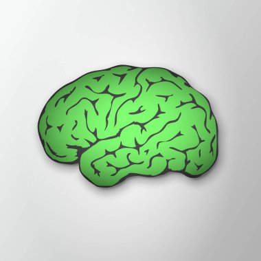 Gri arka planda gölgesi olan parlak yeşil insan beyni. Sağlıklı insan beyni yan görüşü. Zihinsel sağlık ayı. Zeka ve bilgeliğin sembolü. Vektör çizimi. EPS10.