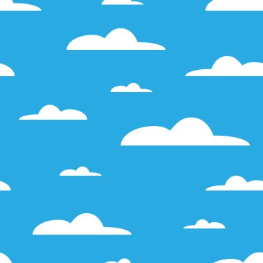 Mavi arka planda beyaz bulutlar. Gökyüzü dikişsiz desen. Düz dizaynlı modern beyaz bulutlar karikatür. Kumaş, duvar kağıdı, tekstil ve dekor için tasarım. Vektör İllüstrasyonu. EPS10.