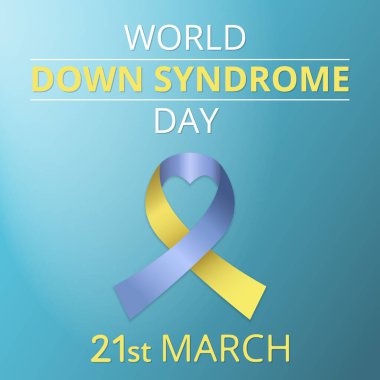 Gerçekçi mavi ve sarı kurdele. Bilinç kaybı sendromu ayı posteri. Vektör çizimi. Dünya Down Sendromu Dayanışma Konsepti. 21 Mart.