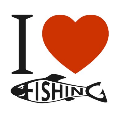 Balık tutmayı severim. Kırmızı kalp simgesi beyaz arkaplanda izole edildi. Hobi anlayışı, hobi anlayışı. Tişört baskısı grafikleri. Vektör çizimi. EPS10.