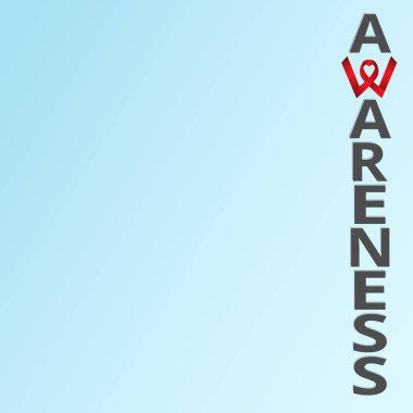 Mavi gradyan arkaplan üzerine yazı için boşluk olan farkındalık posteri. Bilinç harfleri. Kalp şeklinde kurdele. Tipografi afişi, sosyal sorunlara dikkat çekmek için dizayn. Vektör İllüstrasyonu. EPS10