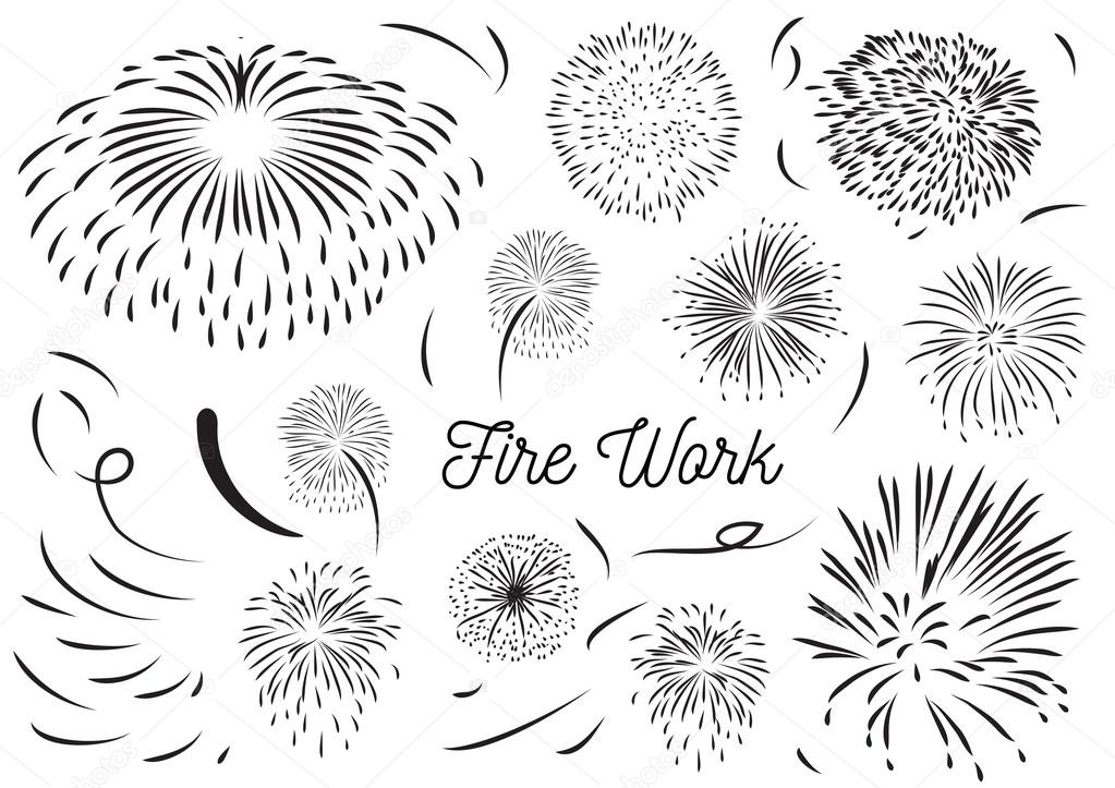 Conjunto de fogos de artifício no estilo de desenho doodle
