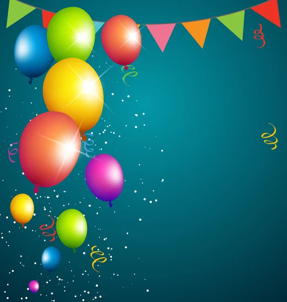 Balonlar parti renk tam sol tarafında mavi arka plan — Stok Vektör
