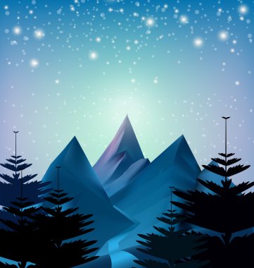 Kış kar yağışı damla dağ mavi zemin üzerine